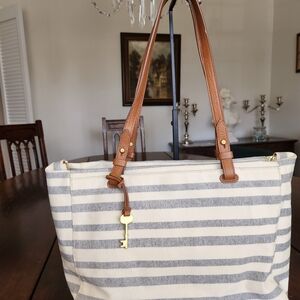 Fossil Rachel Tote Bag Stripes Blue Cream Canvas Leather Coastal Prep Large